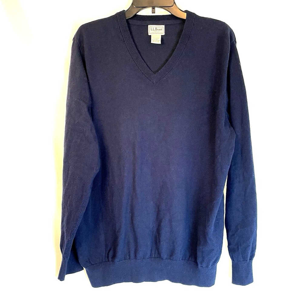 LL Bean Sweater Mens Large Blue Cotton Cashmere V Neck Preppy Classic Grandpa